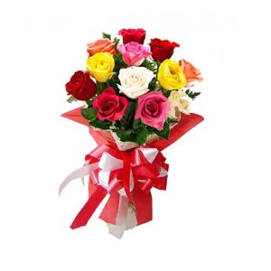 12 Mixed Roses in a bouquet. These roses are imported from Thailand. Any 3 different colors of roses will be delivered. Color may vary. The look of the actual bouquet may slightly differ from the image displayed in website.