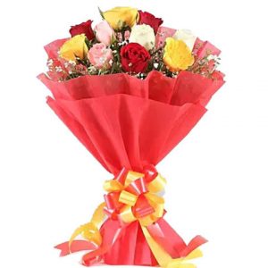 12 Pcs Mixed Thai Roses with color Tissue in a bouquet. Roses are imported from Thailand