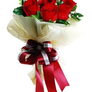 8 Pcs Thai Red Roses in a Decorated Bouquet with color Tissue for Gift to the Dearest Person