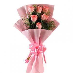 6 Pcs Thai Pink Roses with color Tissue in a bouquet. Roses are imported from Thailand